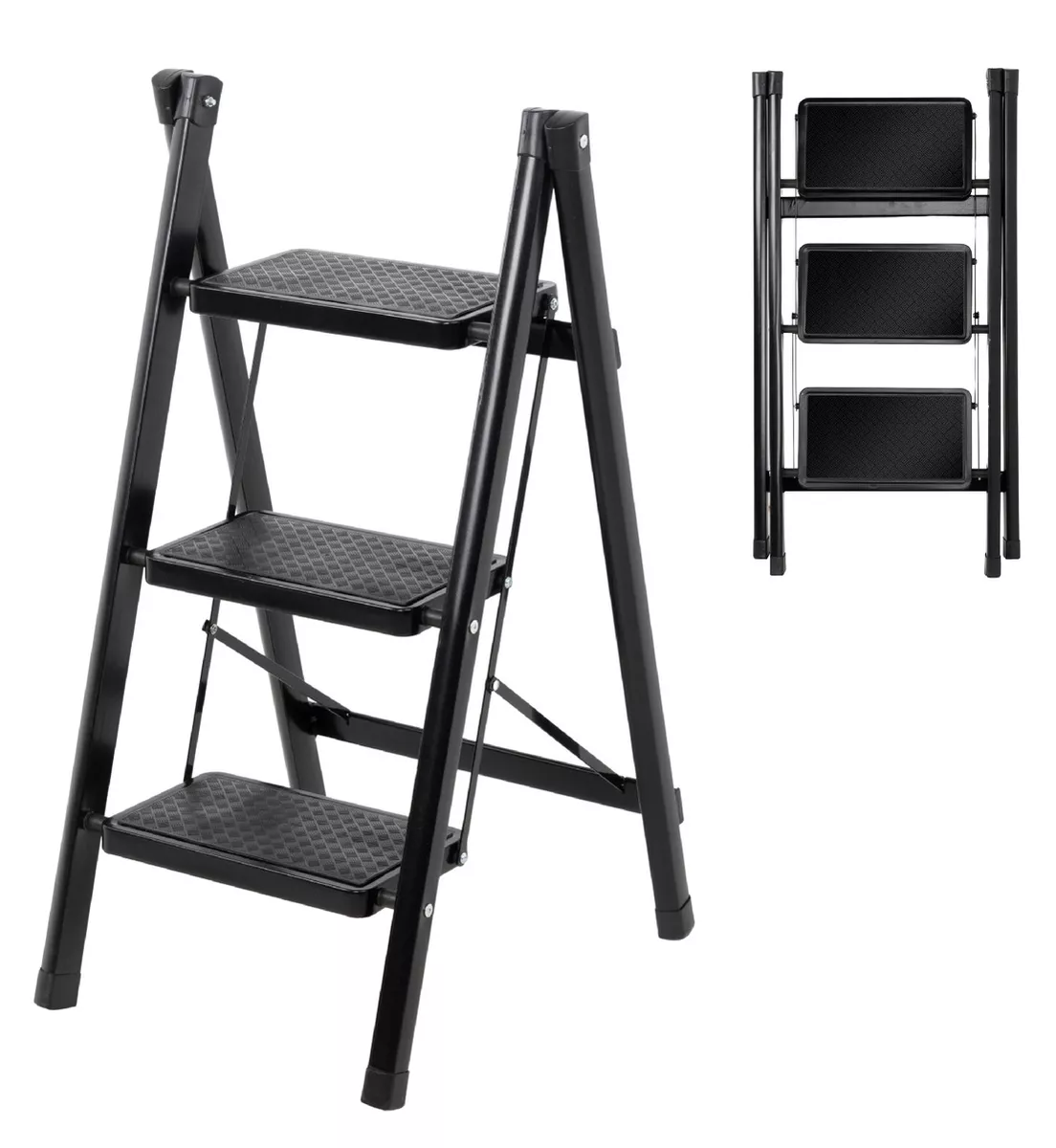 Foto 4 | Escalera Plegable de Acero 3 Peldaños Tipo Tijera Escalones con Goma Antideslizante Portátil Negra