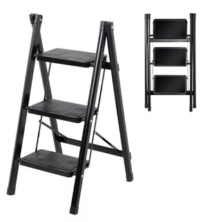 Foto 4 | Escalera Plegable de Acero 3 Peldaños Tipo Tijera Escalones con Goma Antideslizante Portátil Negra