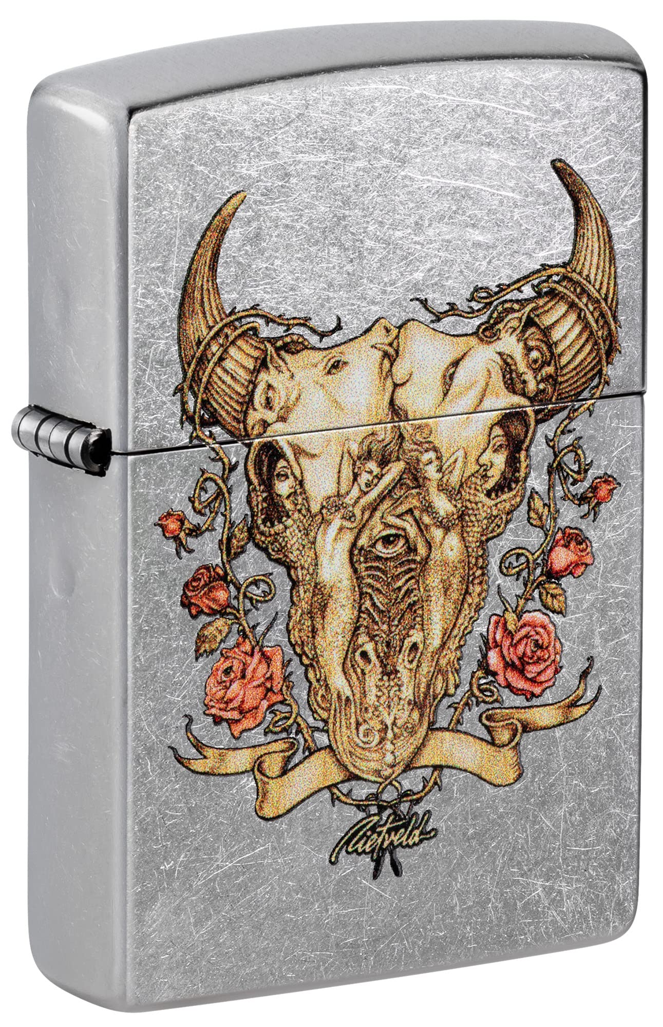 Mechero De Bolsillo Zippo Rick Rietveld Con Diseño Floral De Calavera De Toro Cromado - Venta Internacional.