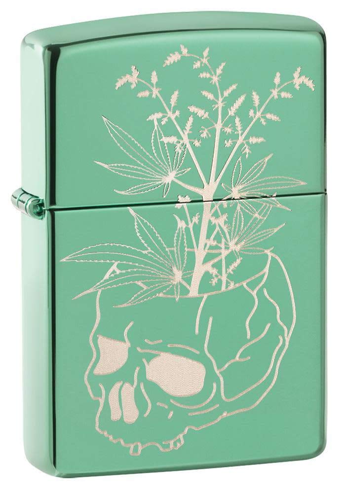 Mechero De Bolsillo Zippo Con Diseño De Calavera Botánica, Color Verde Pulido - Venta Internacional.