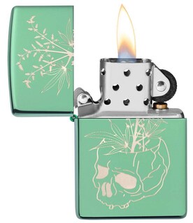 Foto 3 | Mechero De Bolsillo Zippo Con Diseño De Calavera Botánica, Color Verde Pulido - Venta Internacional.