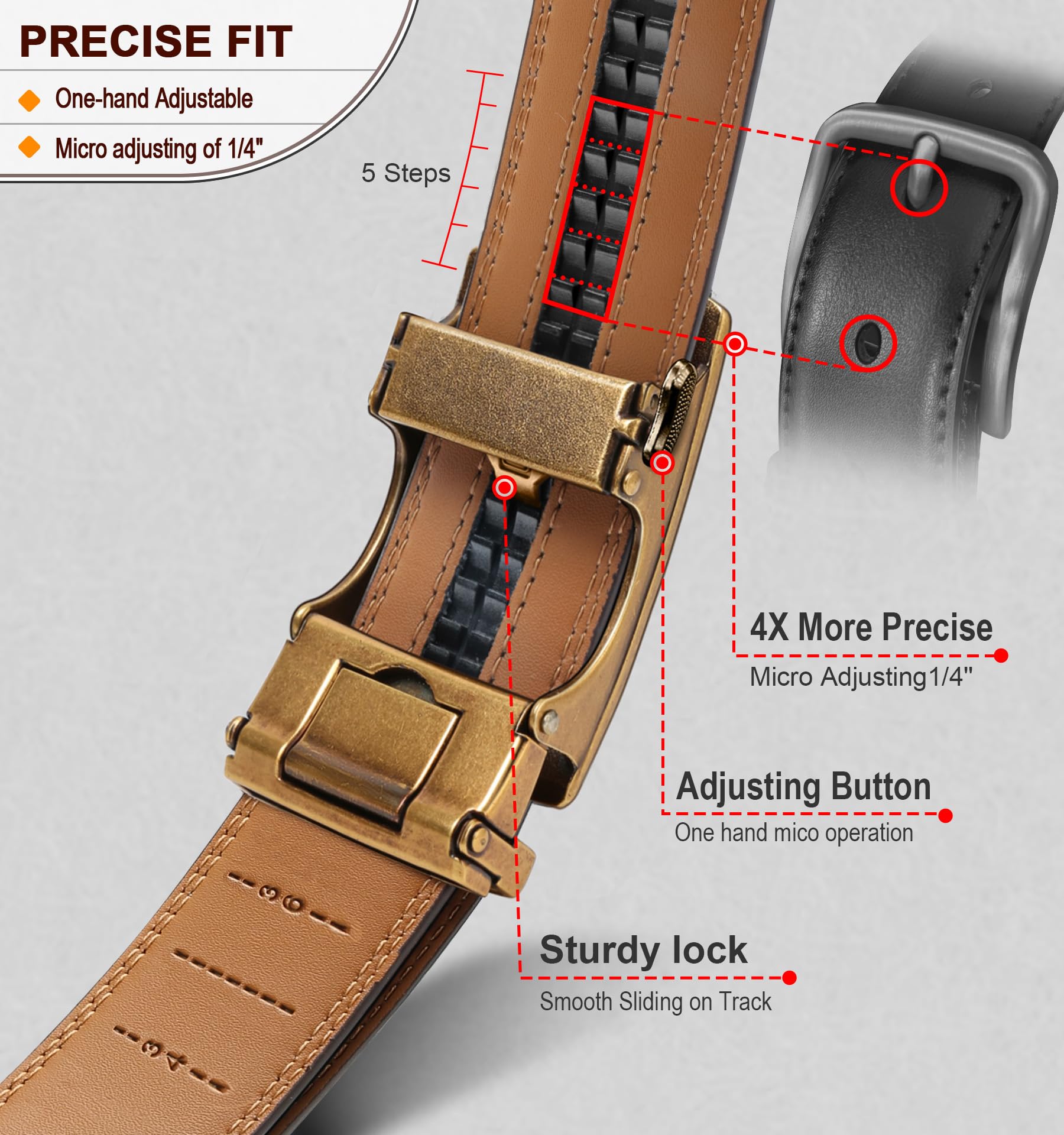 Foto 5 pulgar | Cinturón Bulliant De Piel Auténtica Color Rojizo Con Trinquete Para Hombre - Venta Internacional.
