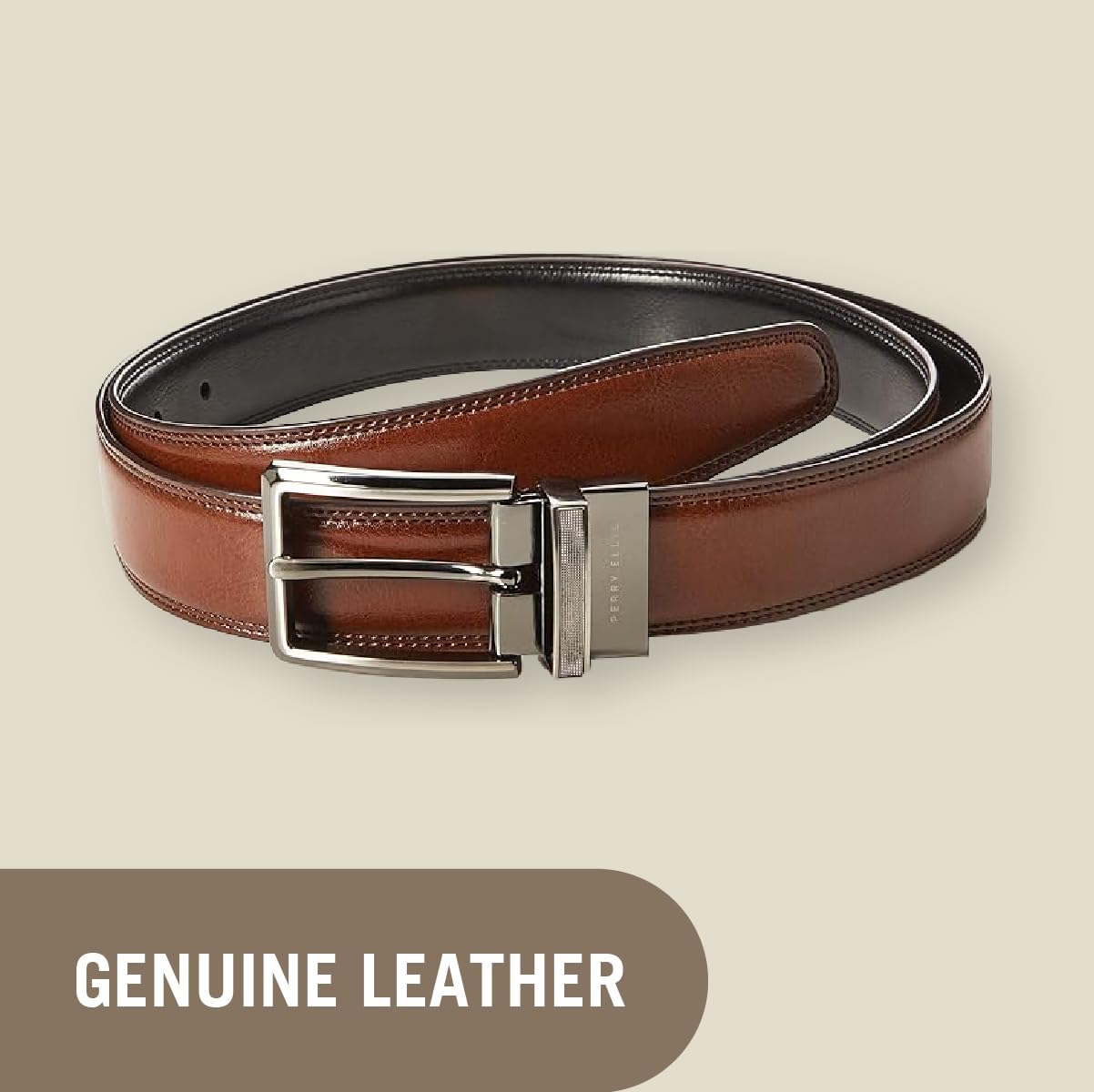 Foto 4 | Cinturón Perry Ellis Portfolio De Piel Con Doble Costura 32 Marrón/negro - Venta Internacional.
