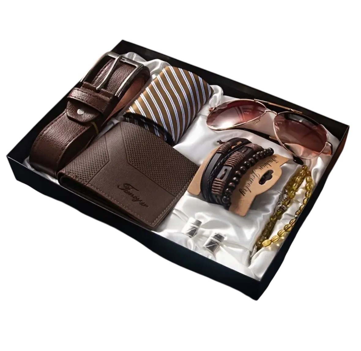 Foto 2 pulgar | Kit De Regalo Para Caballero, Con Corbata, Cartera, Cinturón, Lentes, Color Café, Regalo Para Hombre Dia Del Padre