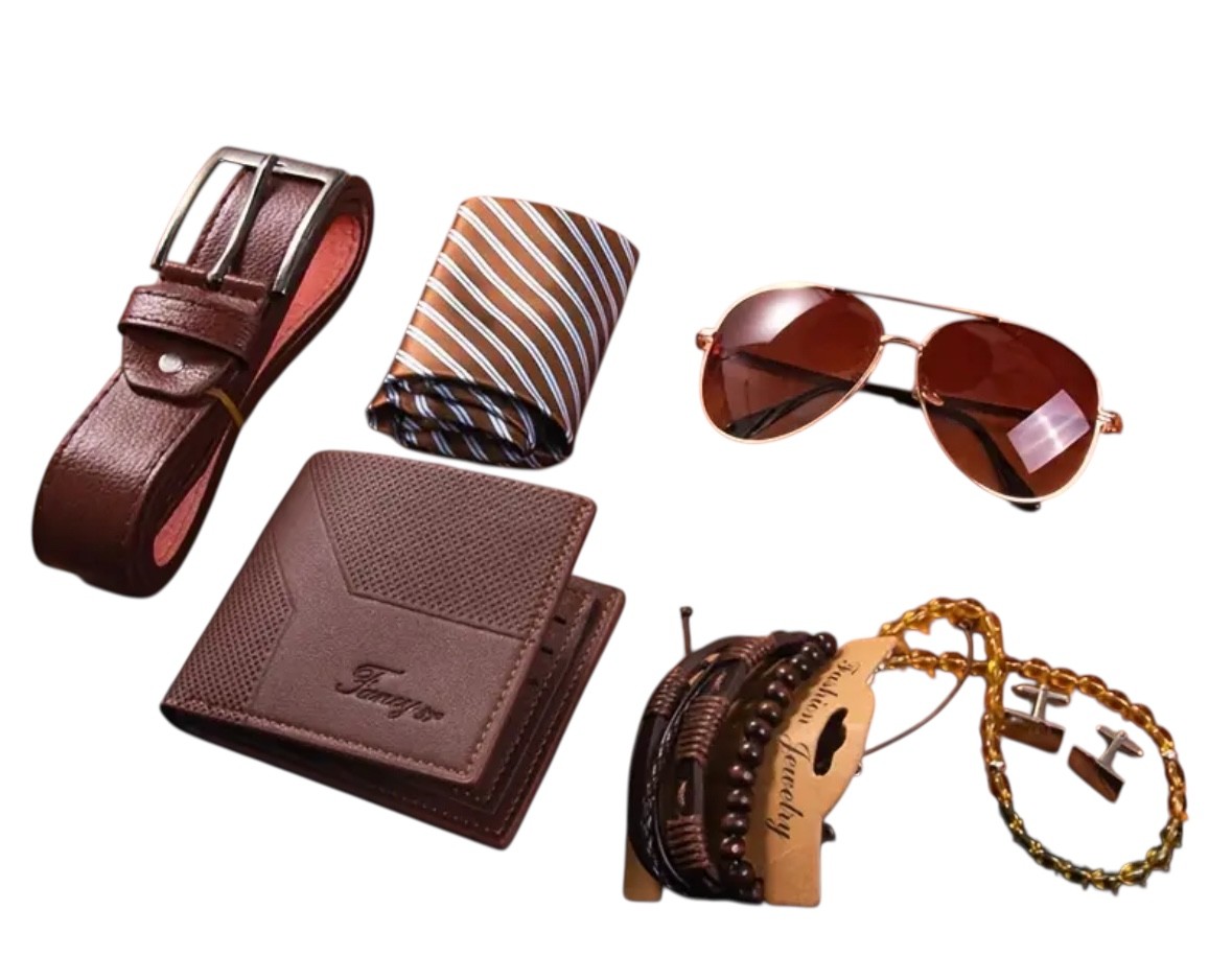 Foto 3 pulgar | Kit De Regalo Para Caballero, Con Corbata, Cartera, Cinturón, Lentes, Color Café, Regalo Para Hombre Dia Del Padre