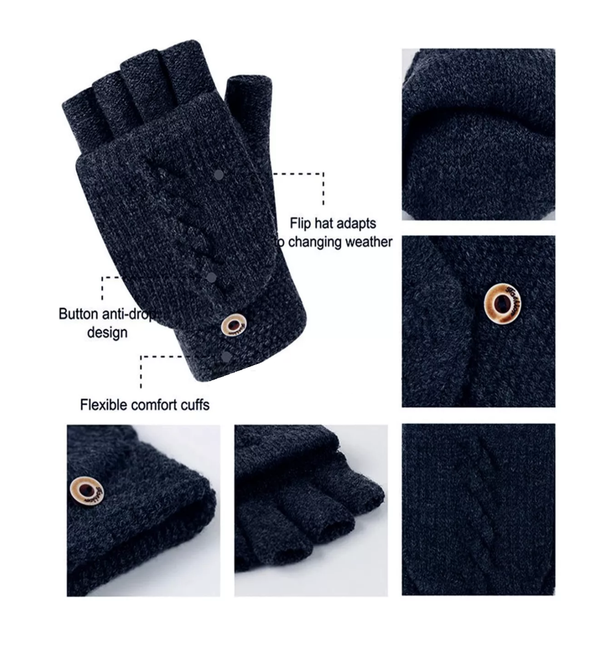 Foto 4 pulgar | Guantes Tejidos Invierno Frio Dedos Descubiertos Azul Marino para Hombre