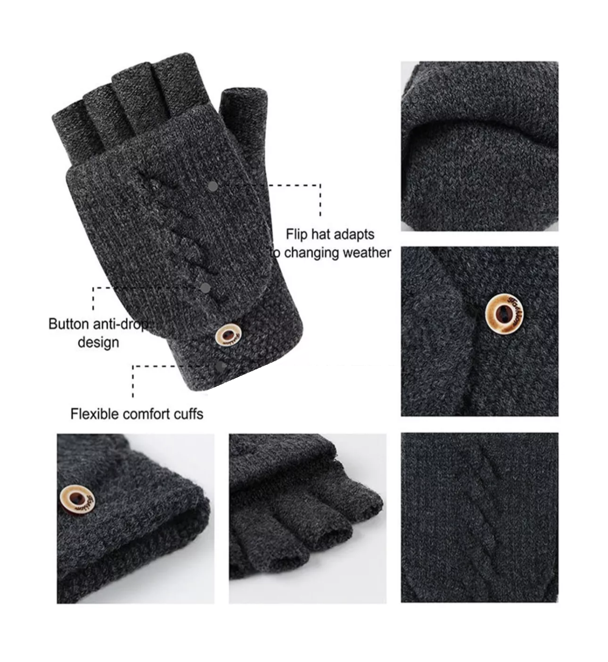 Foto 3 pulgar | Guantes Tejidos Invierno Frio Dedos Descubiertos Gris Oscuro para Hombre