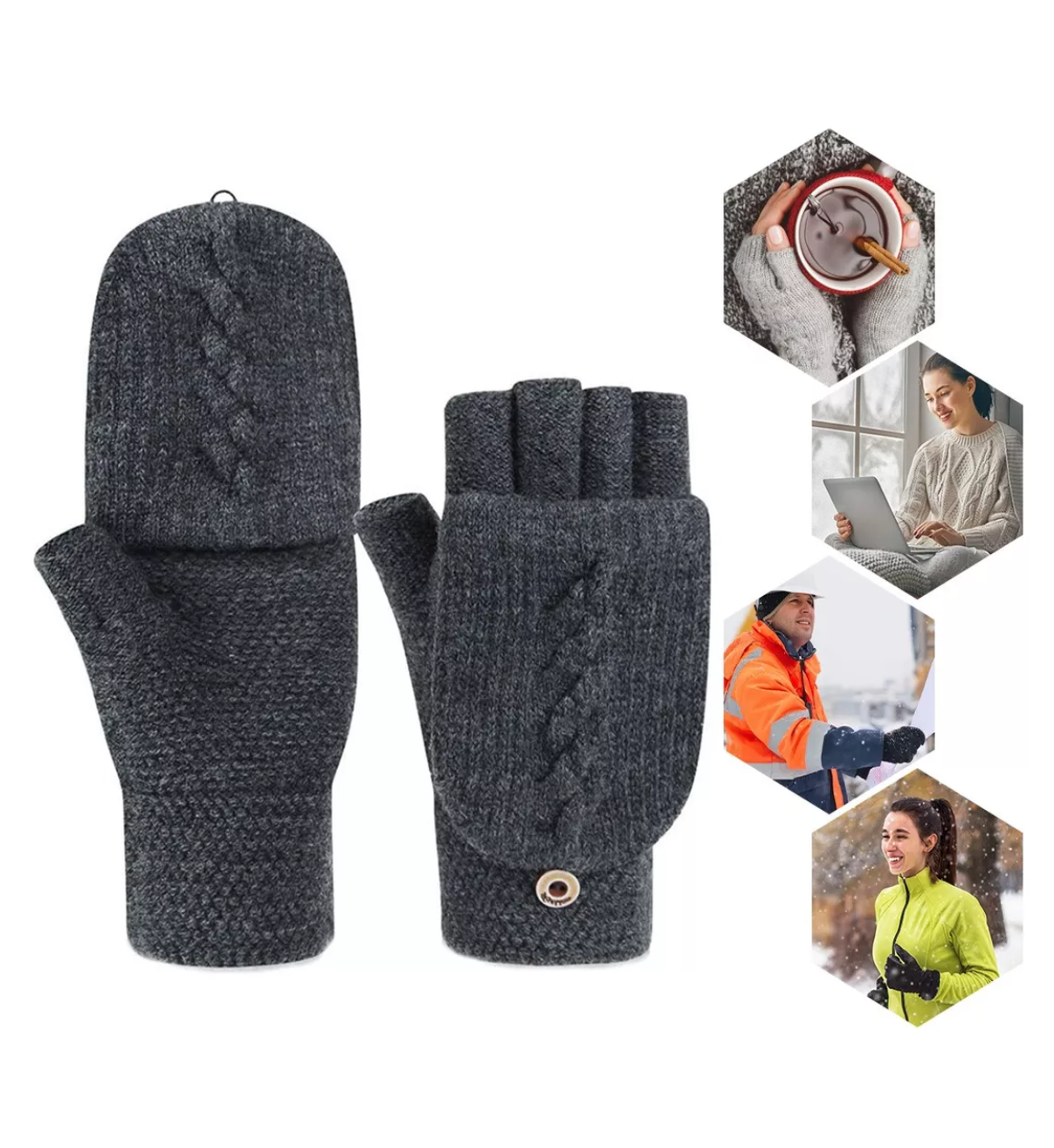 Foto 4 pulgar | Guantes Tejidos Invierno Frio Dedos Descubiertos Gris Oscuro para Hombre