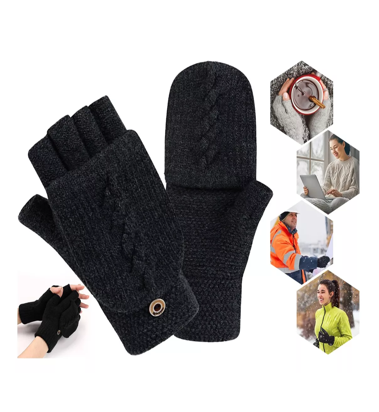 Foto 4 | Guantes Tejidos Belug Negros Dedos Descubiertos para Hombre