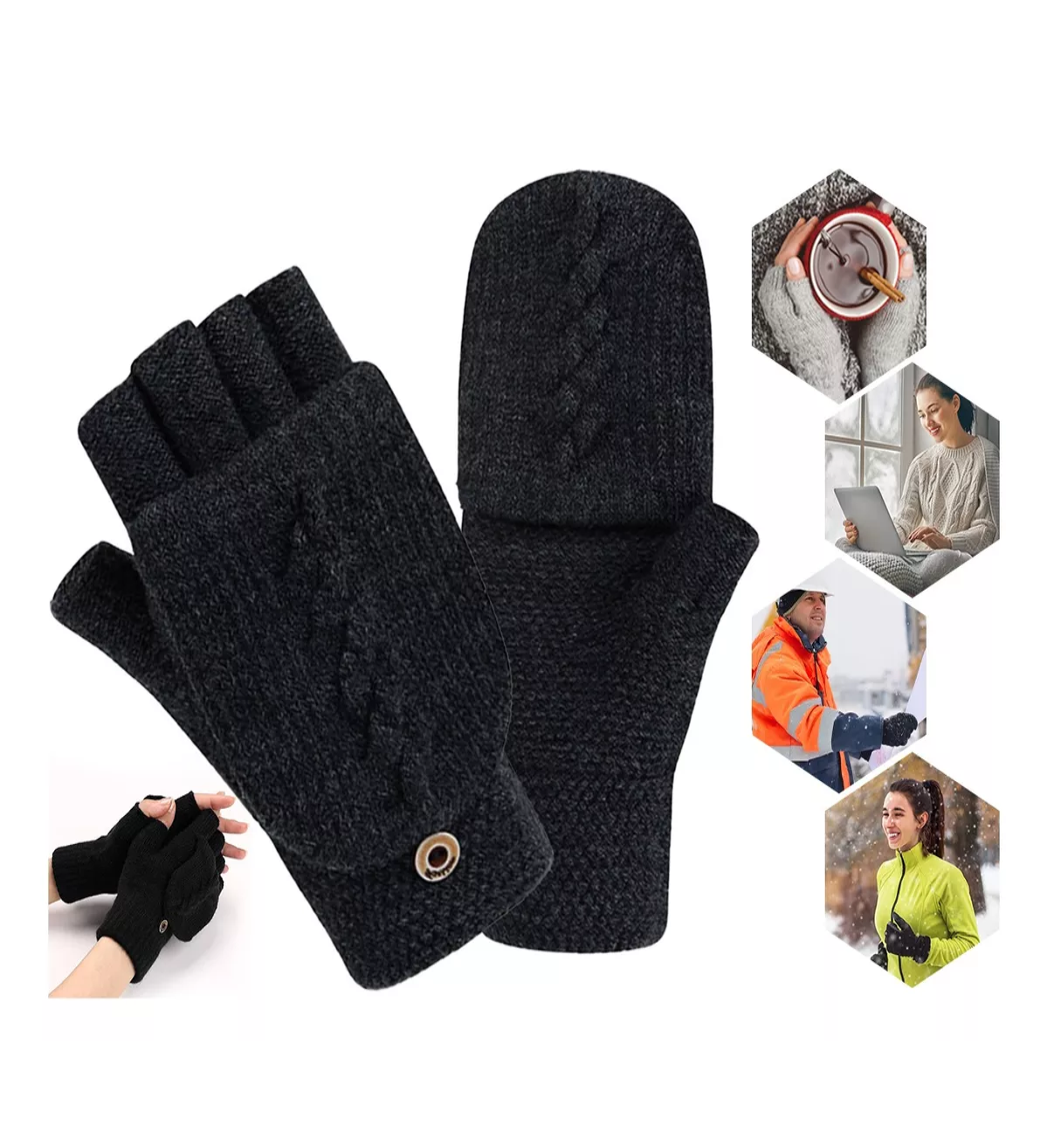 Foto 5 pulgar | Guantes Tejidos Invierno Frio Dedos Descubiertos Negro para Hombre