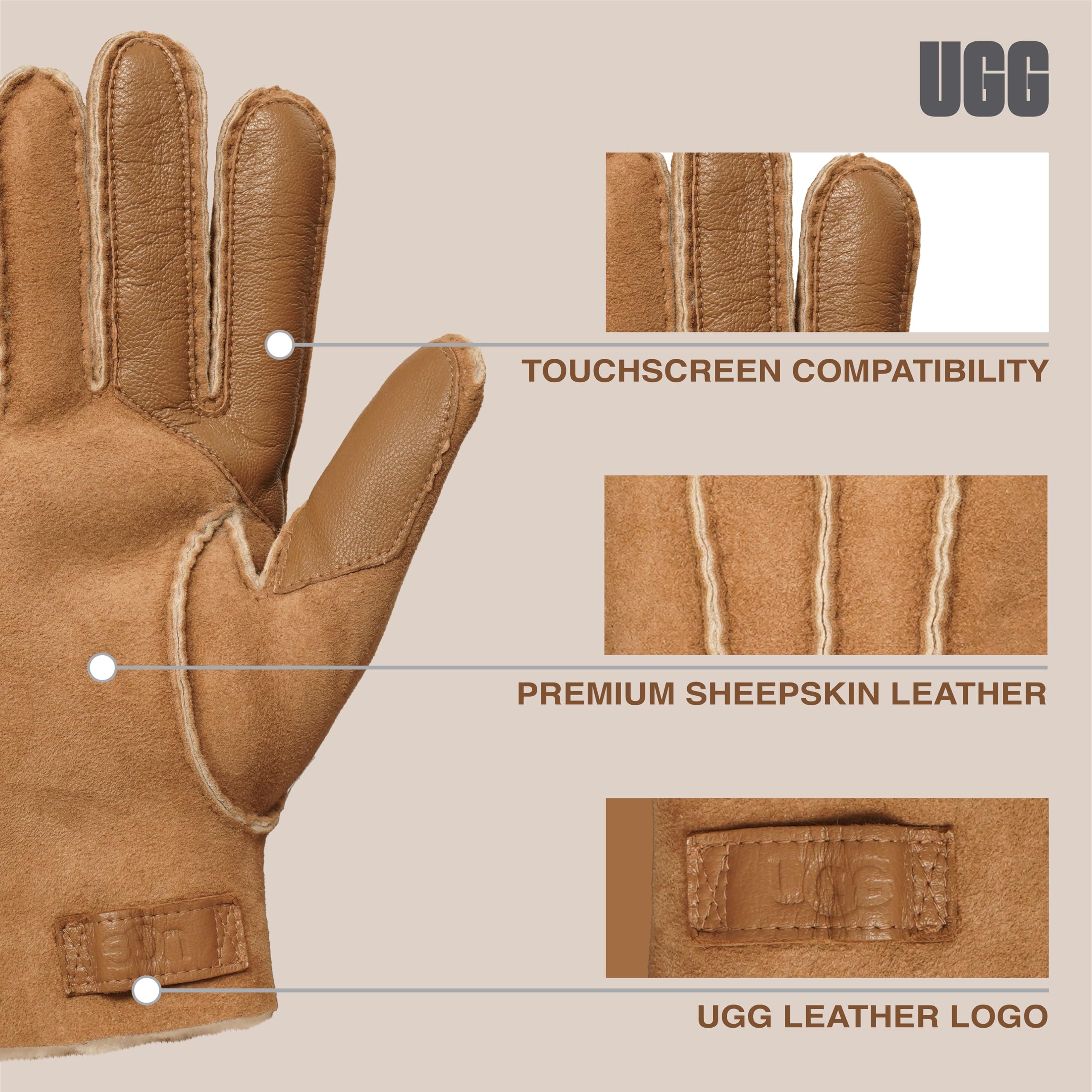 Foto 4 pulgar | Guantes Ugg De Piel De Oveja En Contraste Para Hombre, Color Marrón Castaño, Talla L - Venta Internacional.