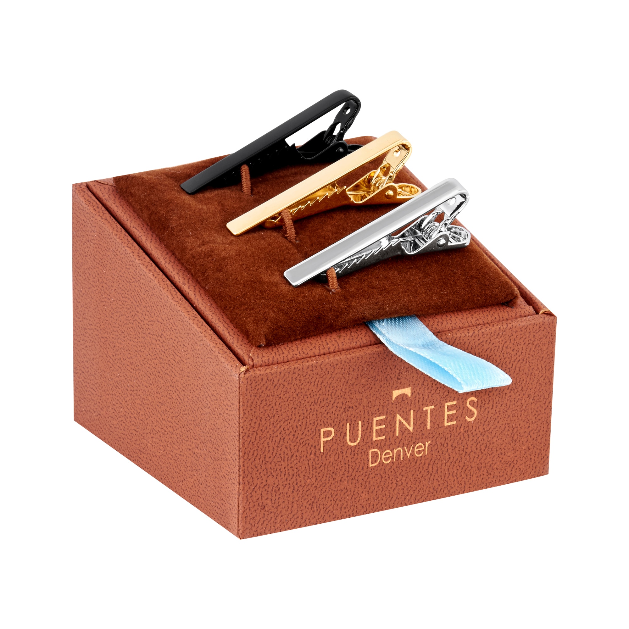 Pisacorbatas Puentes Denver Slim Fit color Dorado/ Negro/Plateado 3.8 cm Largo en Caja de Regalo- 3 Piezas $399