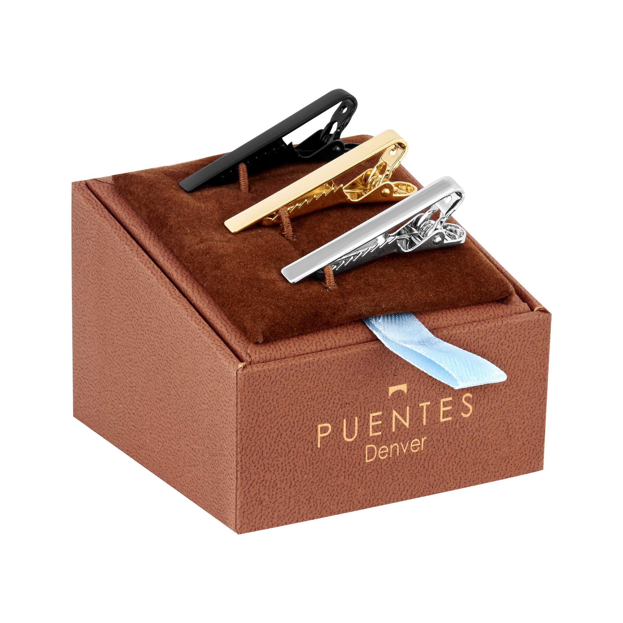 Pisacorbatas Puentes Denver Slim Fit color Dorado/ Negro/Plateado 3.8 cm Largo en Caja de Regalo- 3 Piezas