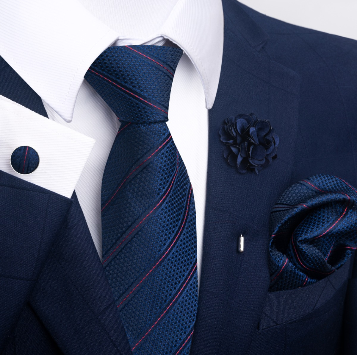 Foto 2 | Corbata De Boda, Corbata + Boutonniere + Pañuelo + Gemelos Azul