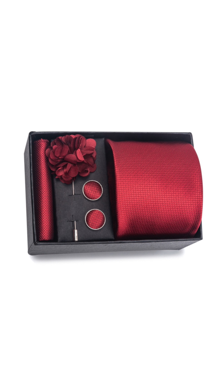 Corbata De Boda, Corbata + Boutonniere + Pañuelo + Gemelos Rojo