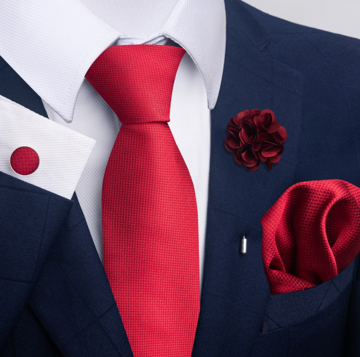 Foto 3 pulgar | Corbata De Boda, Corbata + Boutonniere + Pañuelo + Gemelos Rojo