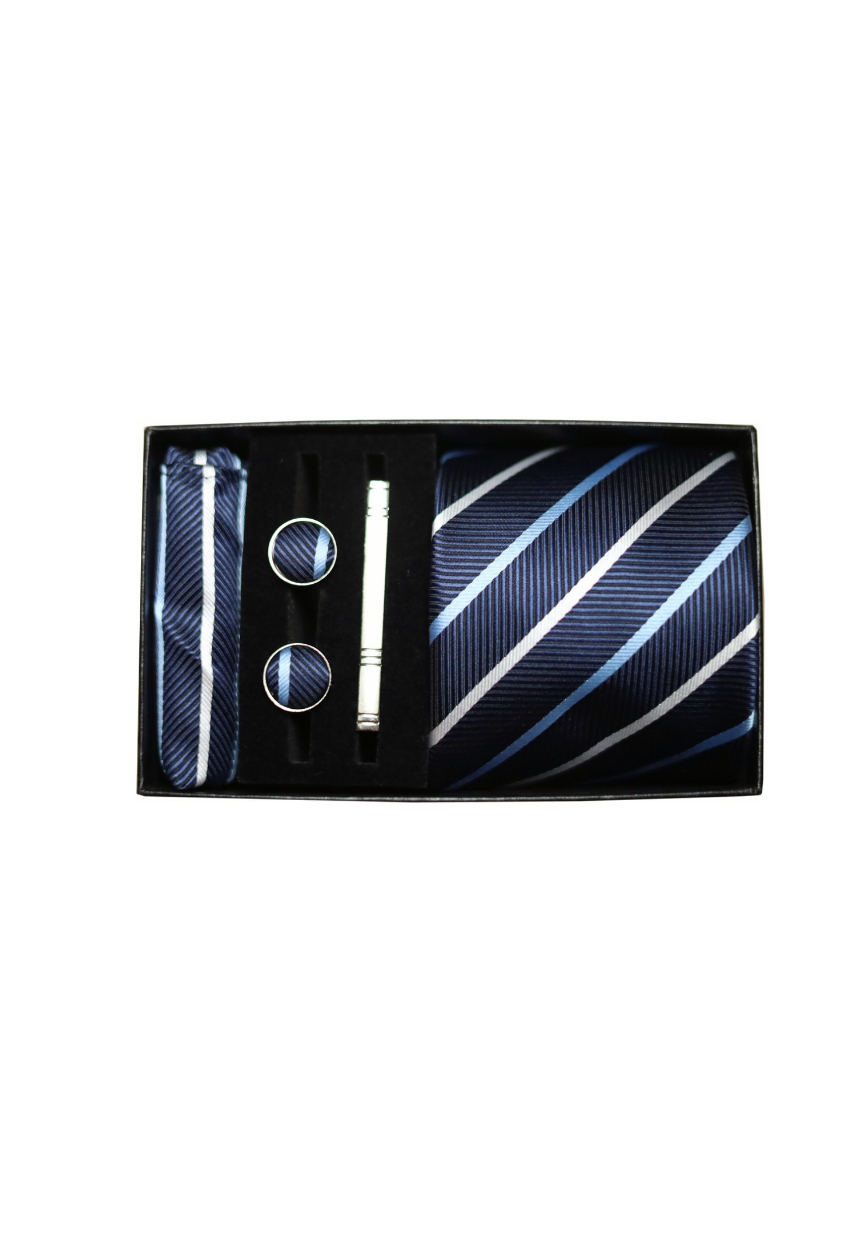 Classic Set Corbata Pañuelo Mancuernilla Hombre 5 Piezas, Estilo B, Azul