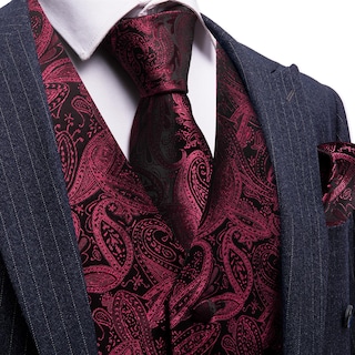 Foto 4 | Conjunto De Chaleco Barry.wang Para Hombre, Jacquard De Seda Con Flores Rojas Y Negras - Venta Internacional.