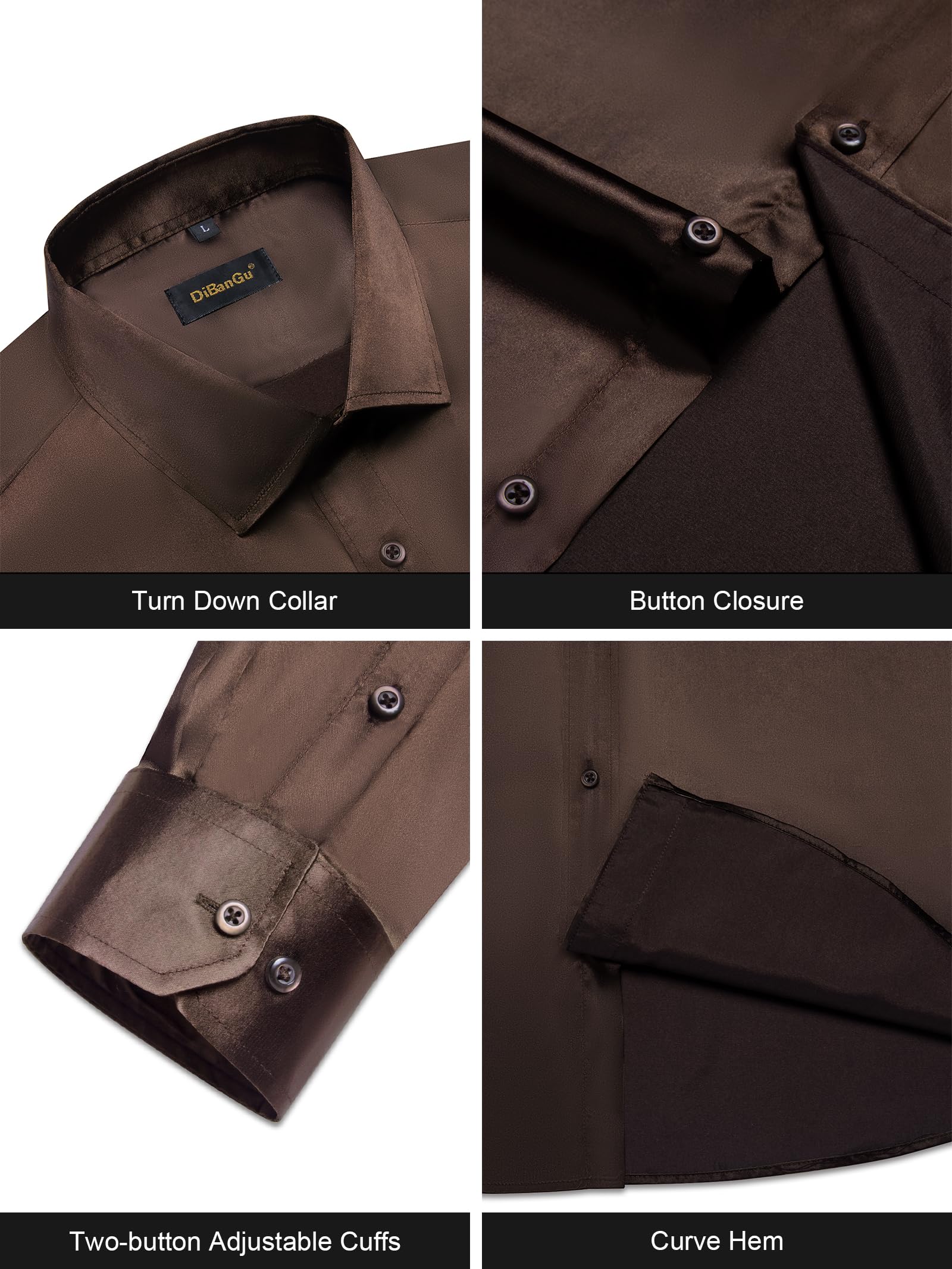 Foto 5 pulgar | Camisa Dibangu De Manga Larga Satinada Para Hombre, Color Marrón Oscuro Brillante, Xxl - Venta Internacional.