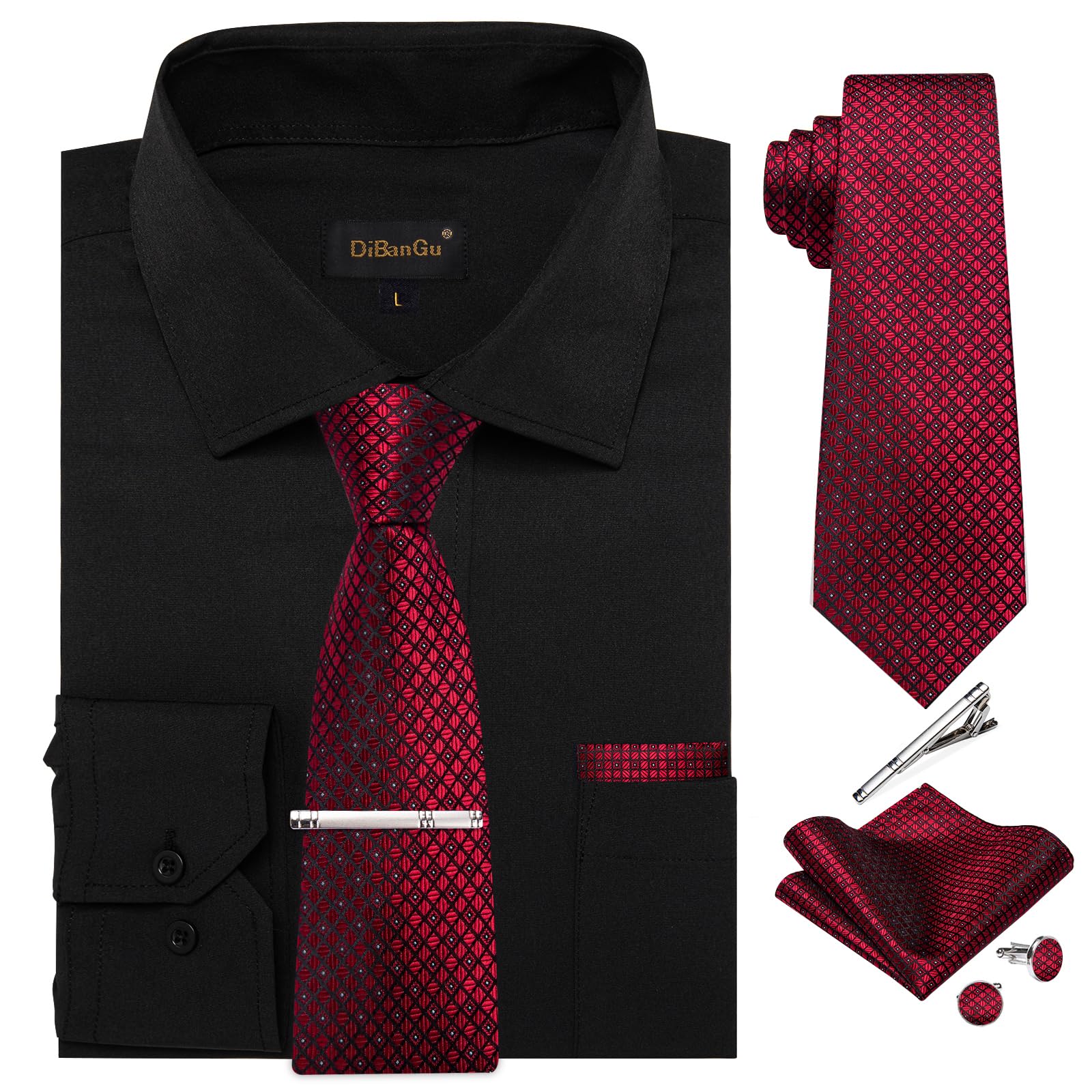 Foto 2 pulgar | Conjunto De Camisa Y Corbata Dibangu Para Hombre Negro Y Rojo Vino - Venta Internacional.