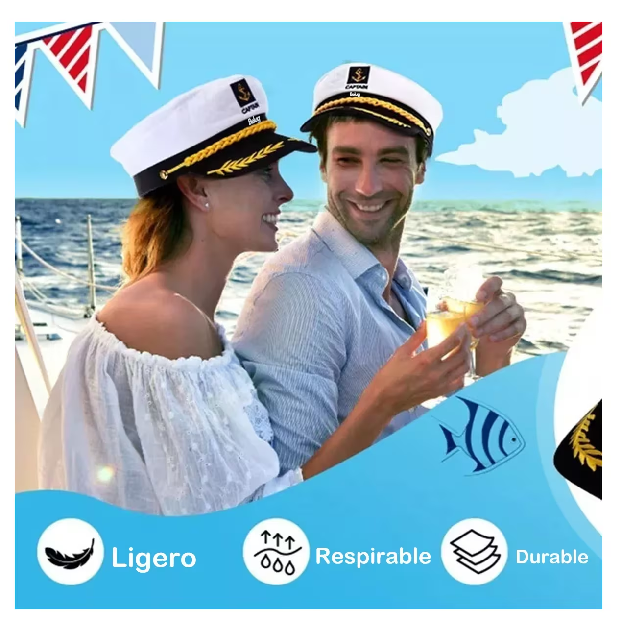 Foto 5 | Sombrero Ajustable Capitán Marinero Gorro Gorra Yate 2 Pzs, Belug  Blanco