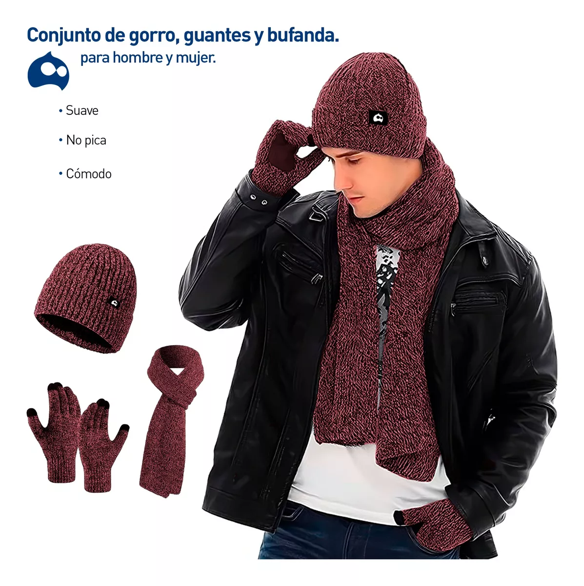 Foto 4 pulgar | Gorro Bufanda Guante Conjunto Térmico Invierno Frio Unisex Rojo