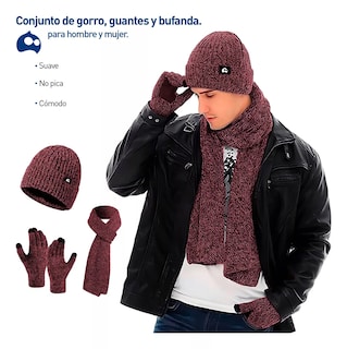 Foto 3 | Gorro Bufanda Guante Conjunto Térmico Invierno Frio Unisex Rojo