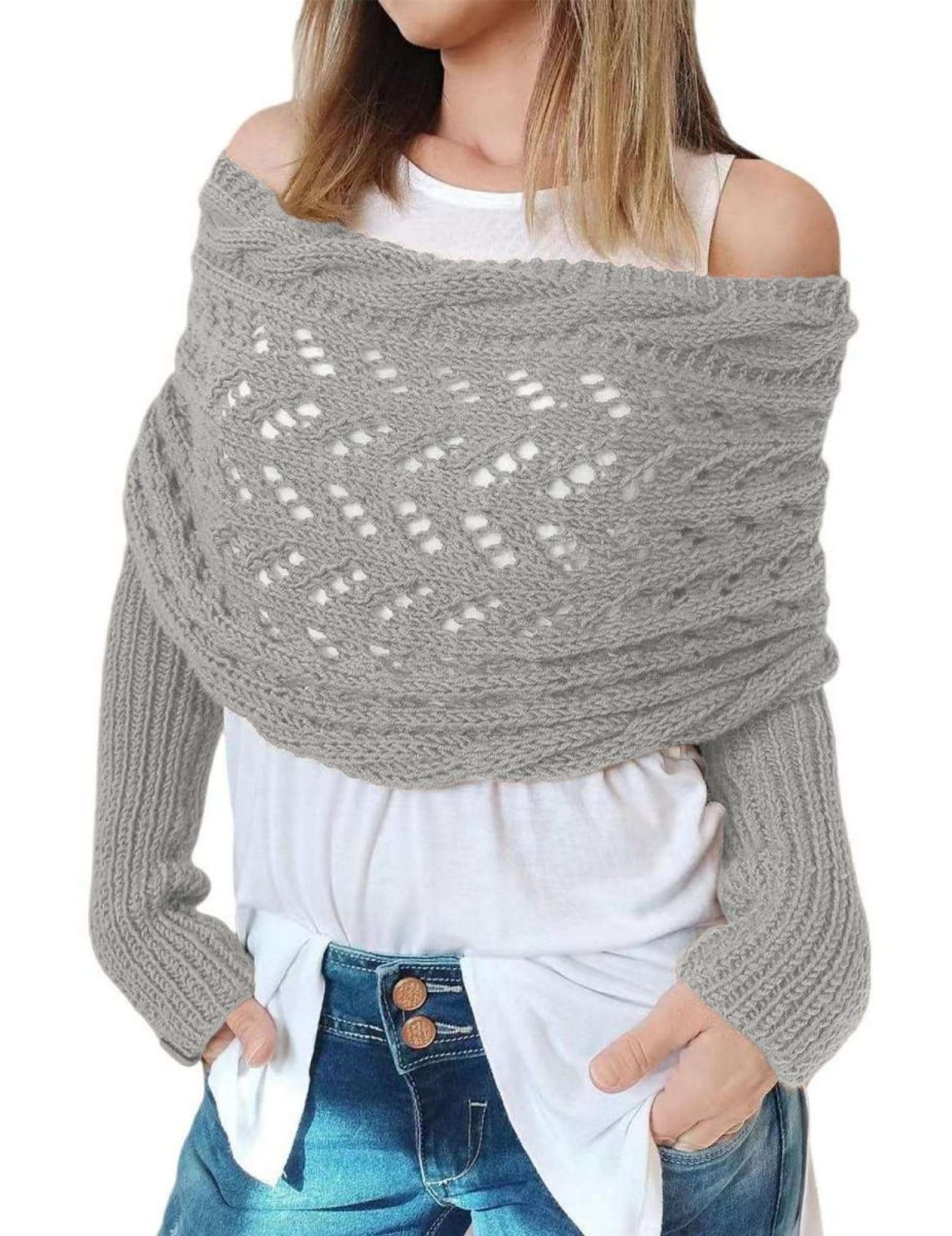 Foto 2 pulgar | Bufanda Tejida Tipo Cable Con Mangas Para Mujer, Color Gris Claro - Venta Internacional.