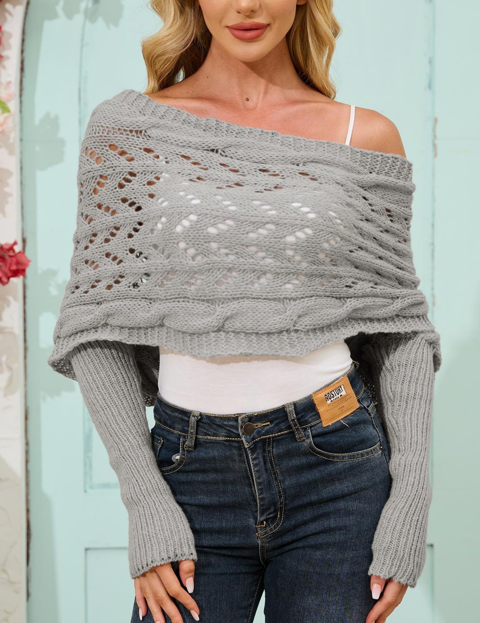 Foto 5 | Bufanda Tejida Tipo Cable Con Mangas Para Mujer, Color Gris Claro - Venta Internacional.