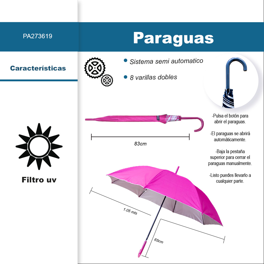 Foto 3 pulgar | Paraguas Tipo Bastón Filtro Uv 8 Varillas Doble Semiautomático Color Rosa