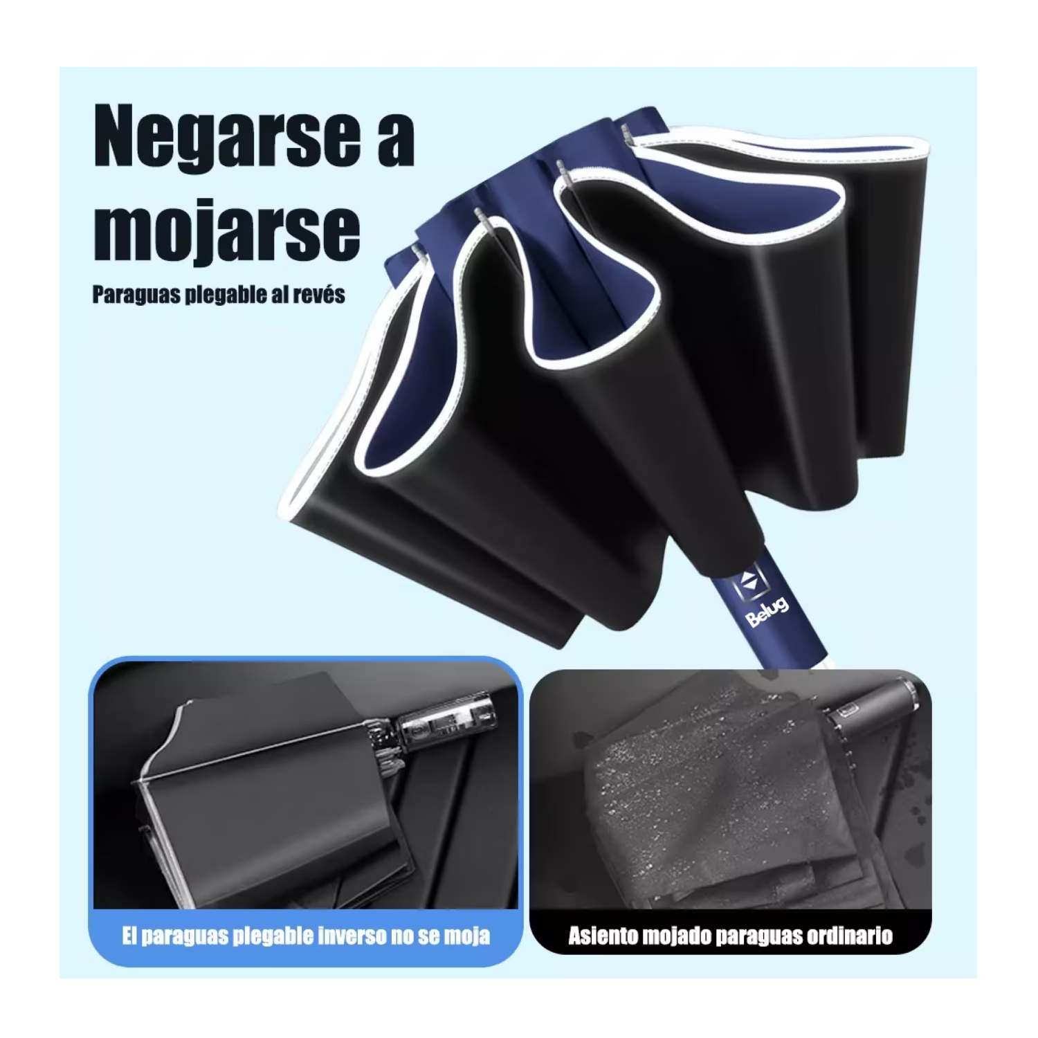 Foto 3 pulgar | Paraguas Automático Belug Extra Grande 105 Cm Reforzado 10 Varillas Azul Marino/negro