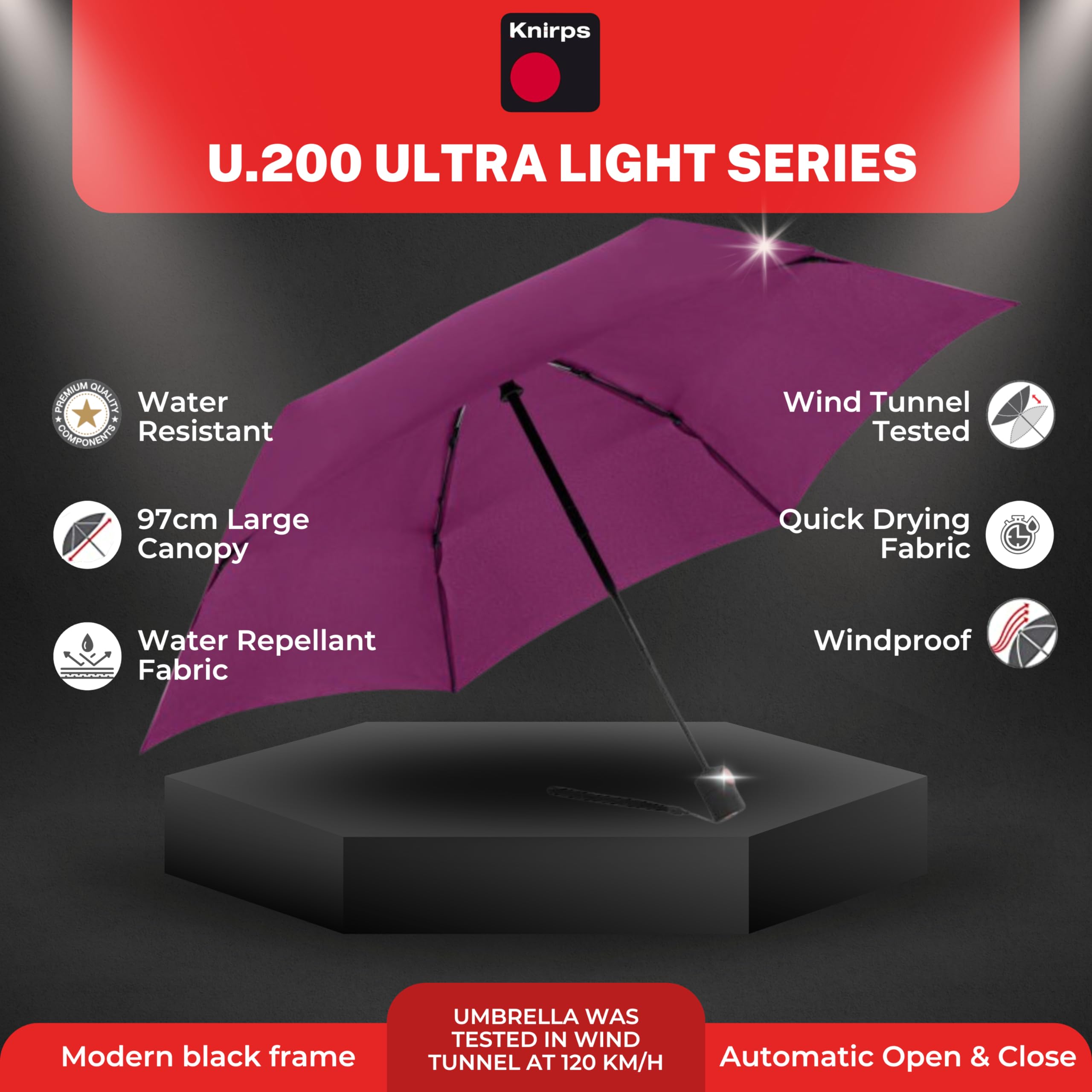 Foto 3 pulgar | Paraguas Impermeable Knirps U.200, Ultraligero, Color Baya Duomatic - Venta Internacional.