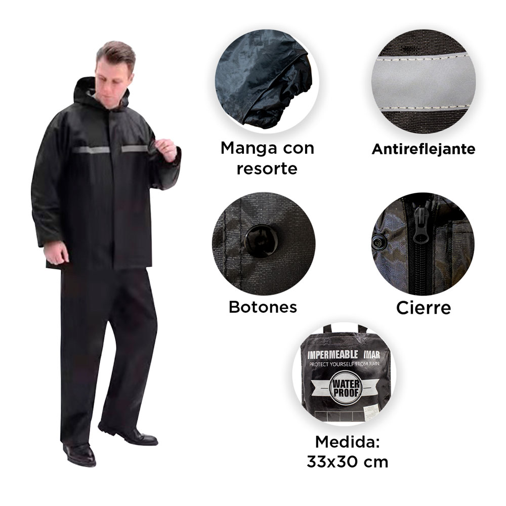 Foto 3 pulgar | Impermeable color Negro Traje con Gorro 1.80 M Franjas Antirreflejantes PVC Resistente