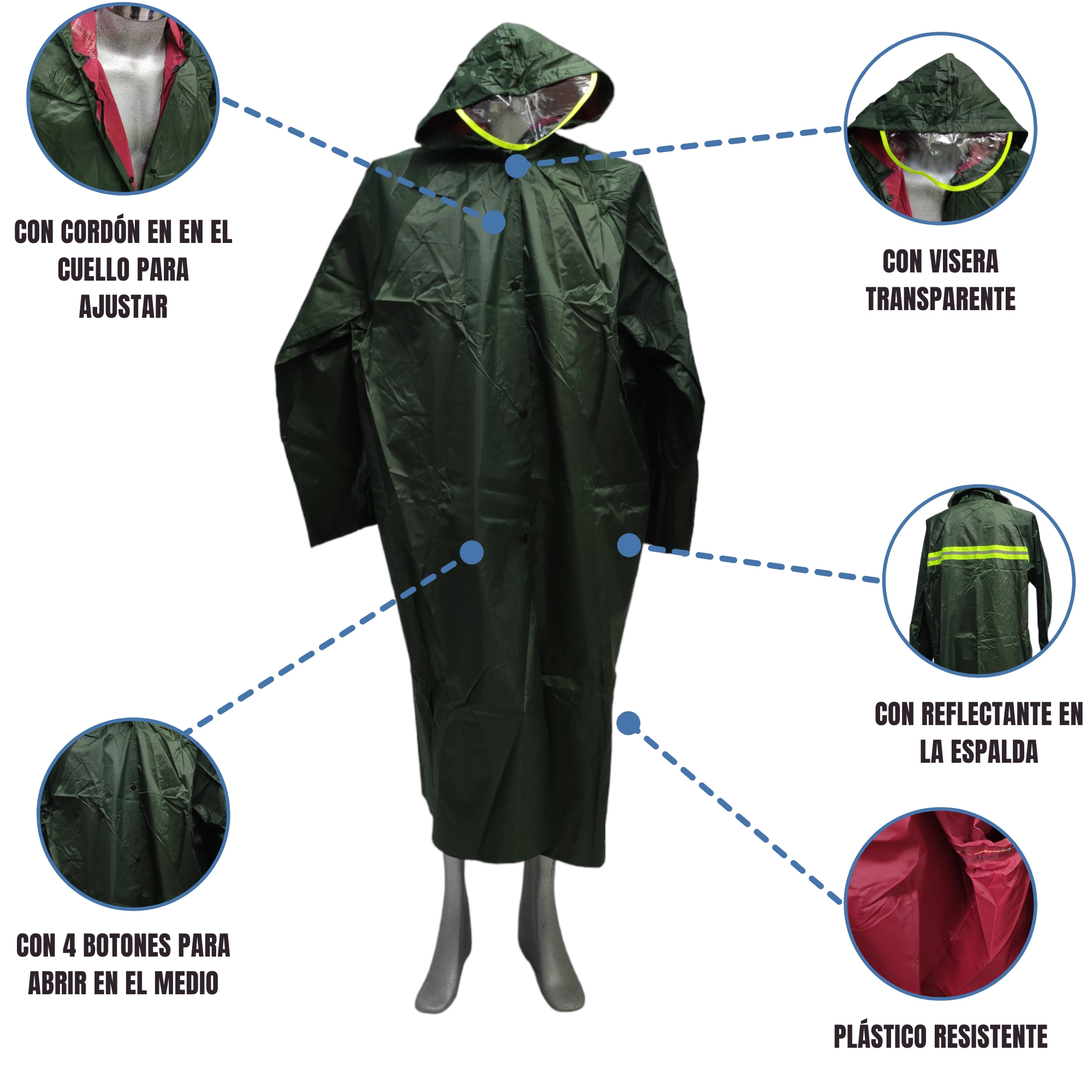 Foto 2 | Capa Impermeable con Visera Gabardina para Lluvia Reflectante color Verde