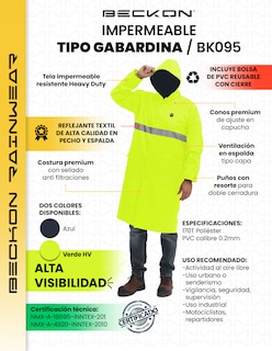 Foto 2 | Impermeable Gabardina Largo Para Lluvias Ligero Premium Unisex Hombre Mujer Con Reflejantes Rainwear Talla Mediana