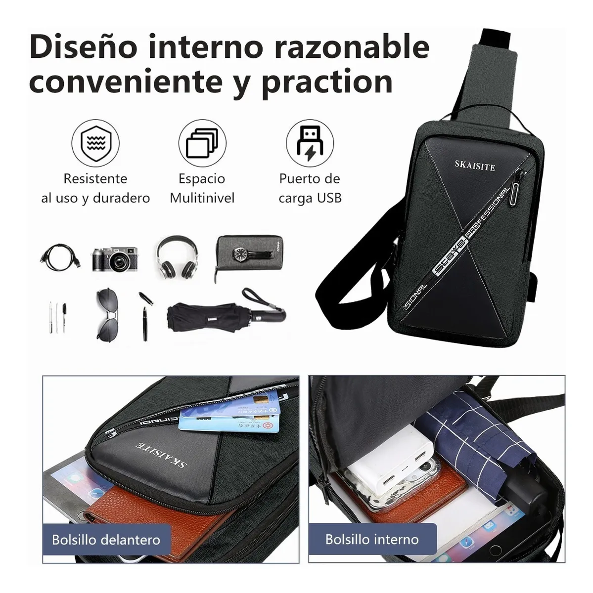 Foto 3 | Bandolera Cruzada Skaisite color Negro para Caballero