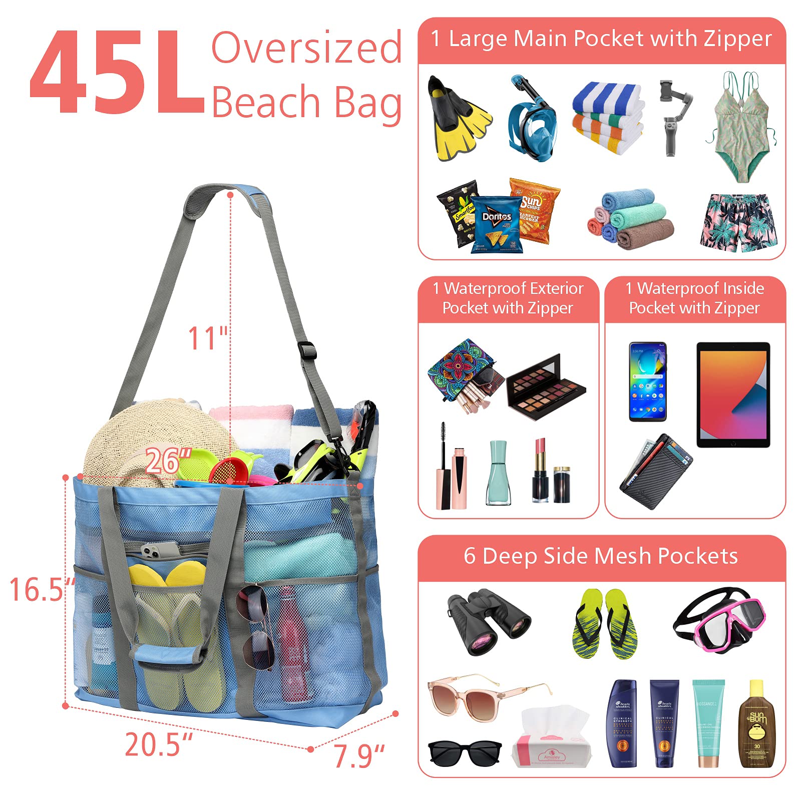 Foto 4 | Bolsa De Playa De Malla En Color F Con 9 Bolsillos, Tamaño Grande Y Cremallera, Azul - Venta Internacional.