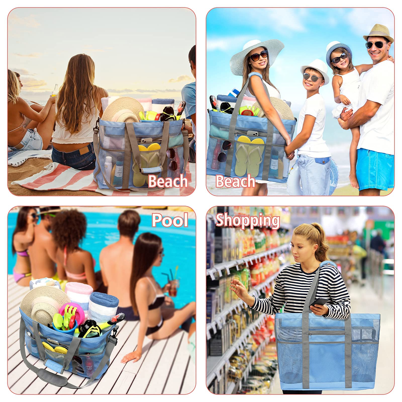 Foto 7 | Bolsa De Playa De Malla En Color F Con 9 Bolsillos, Tamaño Grande Y Cremallera, Azul - Venta Internacional.