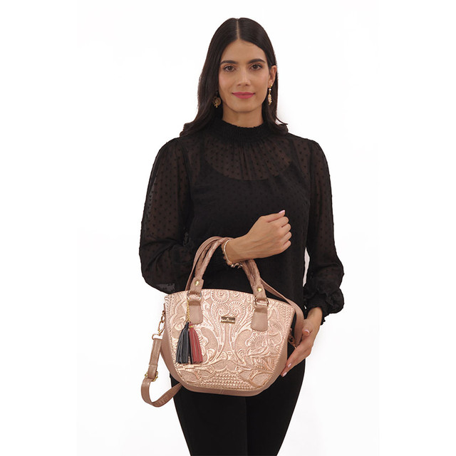 Foto 3 | Bolso Satchel de Piel A Ángelozano Grabada tipo Cincelado color Oro Rosado
