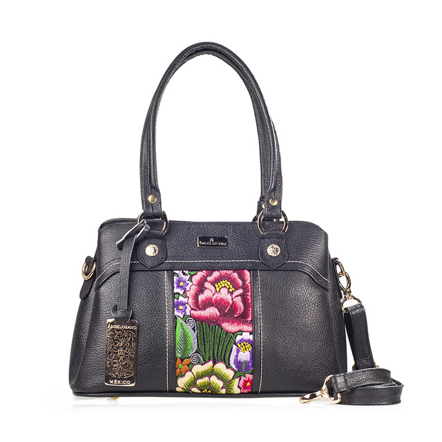 Bolso Satchel A ÁNGELOZANO Angela color Negro de Piel con Telar Artesanal de Zinacantán