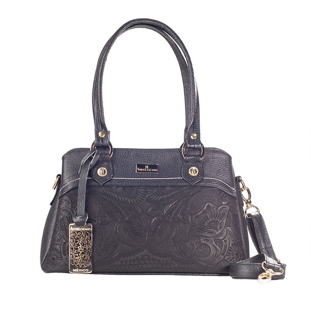 Foto 2 pulgar | Bolso Satchel Angela A Ángelozano Negro De Piel Grabado Tipo Cincelado