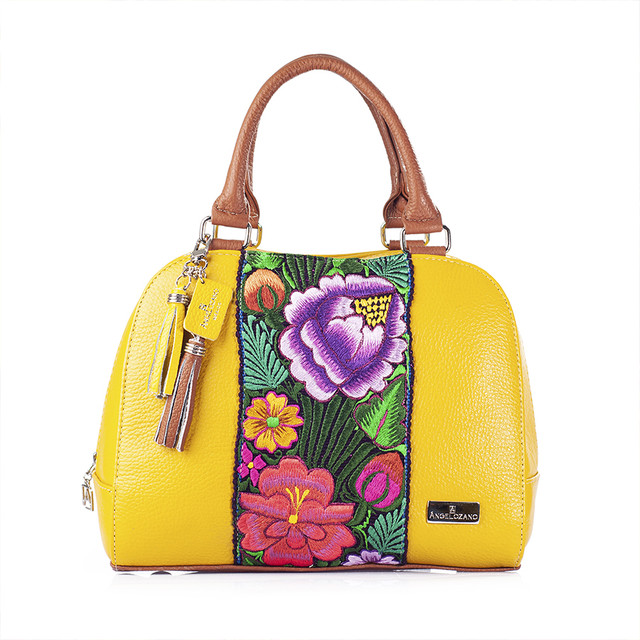 Foto 1 | Bolso Satchel A Ángelozano Modelo Elsa Piel Vacuna Con Telar De Zinacantán Color Amarillo