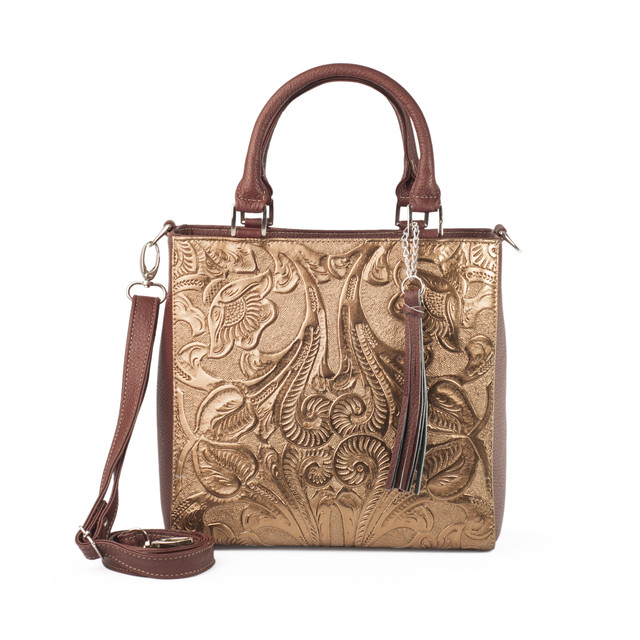 Bolso Satchel A Ángelozano Modelo Pilar De Piel Grabada Tipo Cincelado Color Cobre