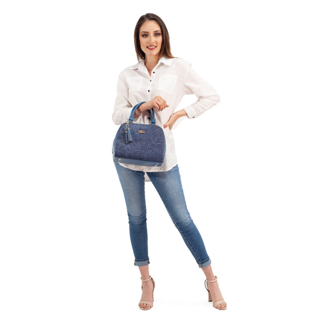 Foto 3 | Bolso Satchel A Ángelozano Modelo Elsa Piel Grabada Tipo Cincelado Color Azul