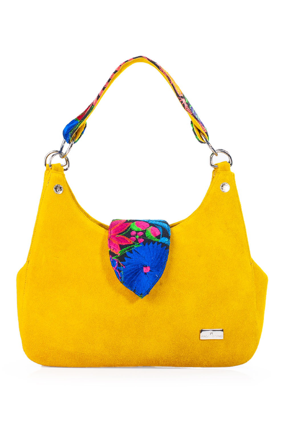 Bolsa Satchel A Ángelozano Irma color Amarillo y Aplicación de Telar Artesanal