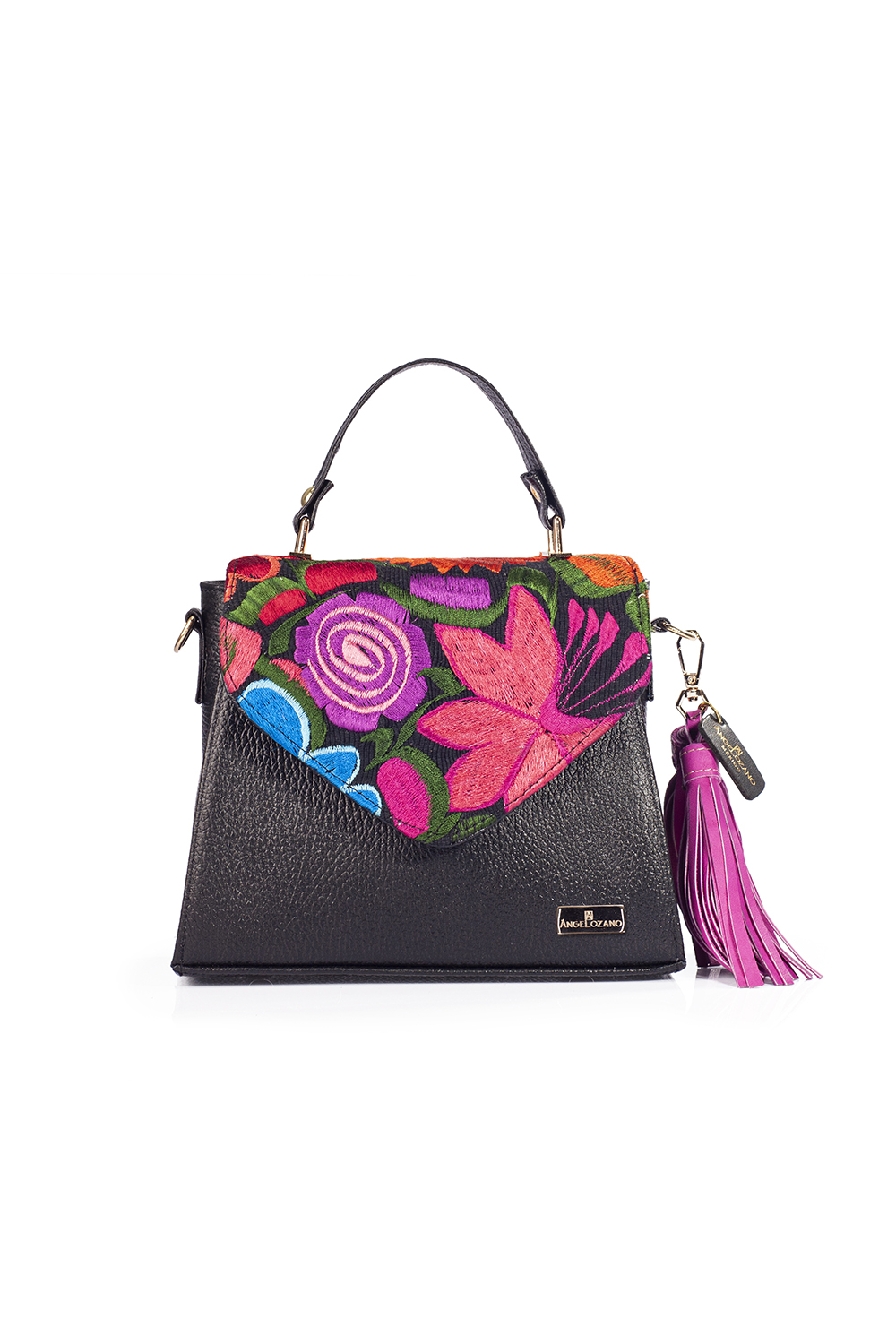 Bolso Tipo Satchel Ely A Ángelozano de Piel con Telar Artesanal de Flores color Negro