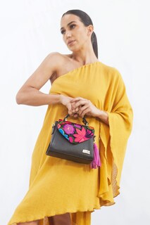 Foto 3 | Bolso Tipo Satchel Ely A Ángelozano de Piel con Telar Artesanal de Flores color Negro