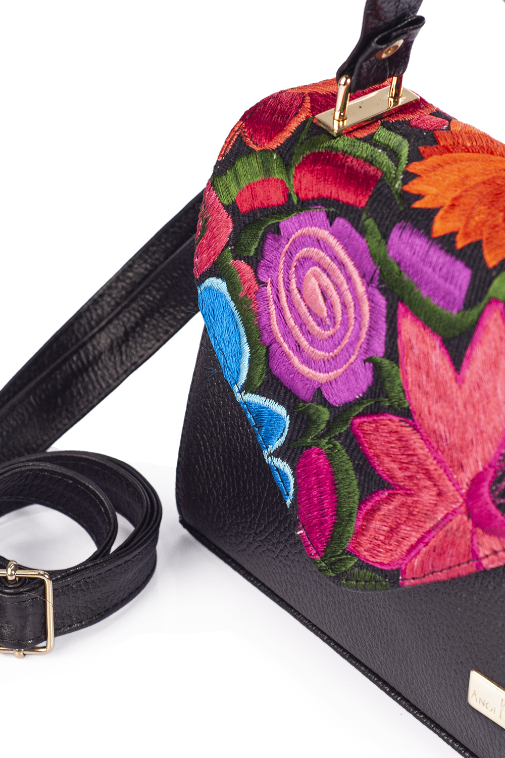 Foto 7 pulgar | Bolso Tipo Satchel Ely A Ángelozano de Piel con Telar Artesanal de Flores color Negro