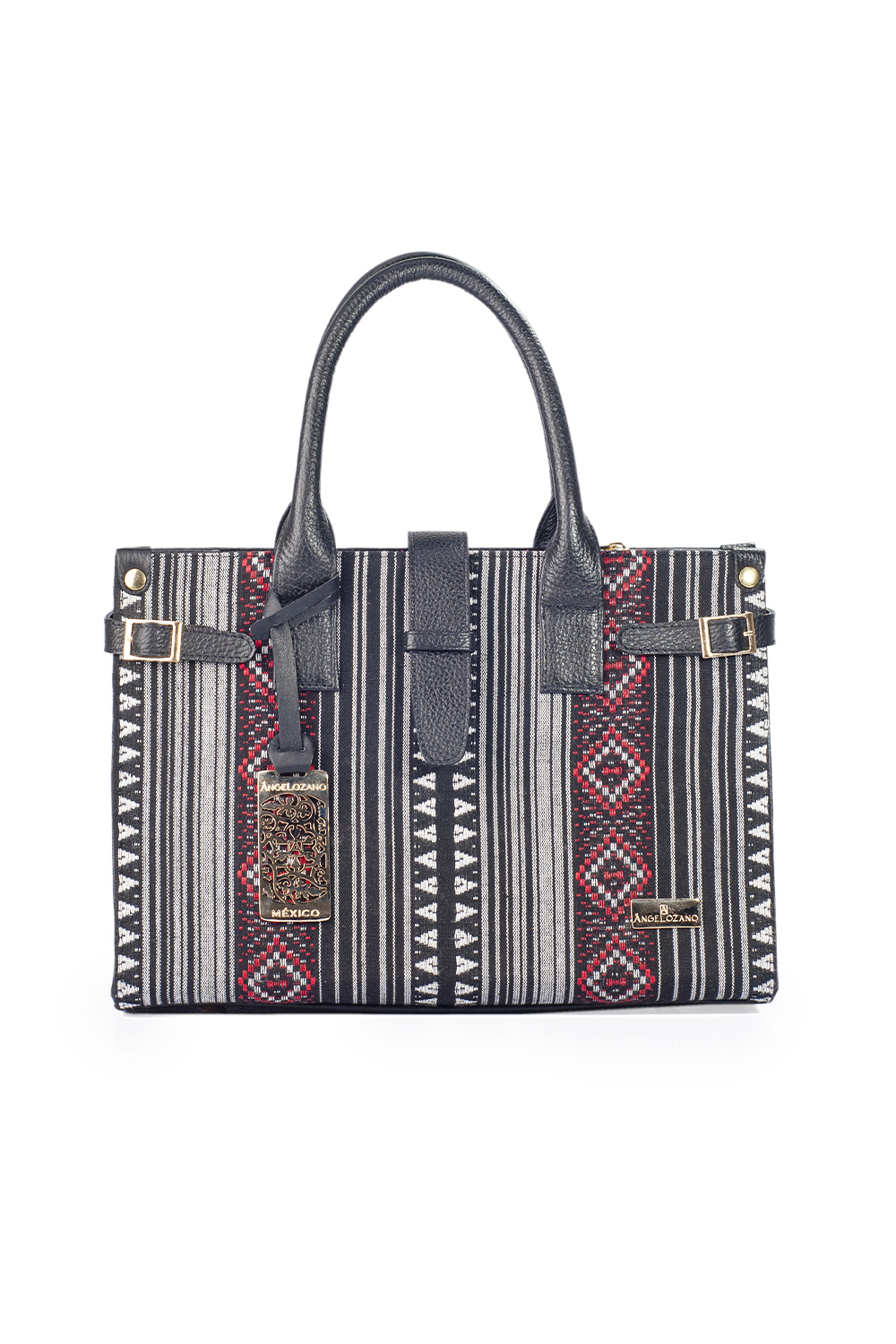 Foto 2 pulgar | Bolso A Ángelozano Samantha Tipo Satchel de Piel Vacuna color Negro con Telar Étnico para Mujer