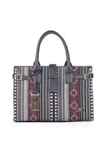Foto 1 | Bolso A Ángelozano Samantha Tipo Satchel de Piel Vacuna color Negro con Telar Étnico para Mujer